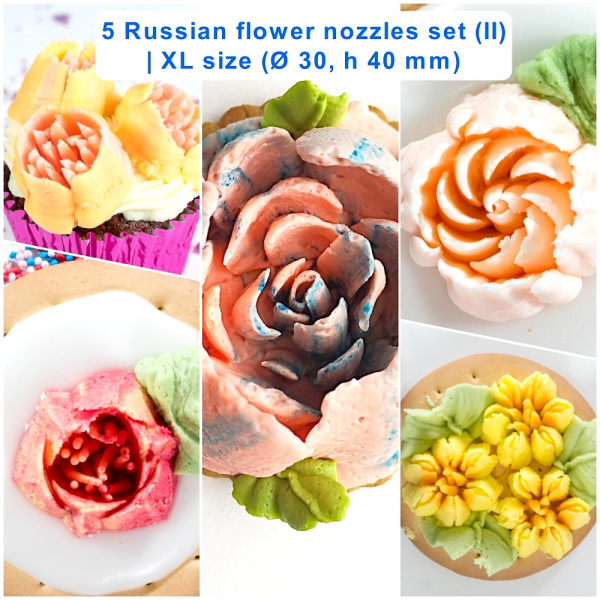 Набор (II) 5 кондитерских насадок - Малазийские цветы №№202, 212, 215, 218, 219 | XL размер (Ø 30, h 40 mm)
